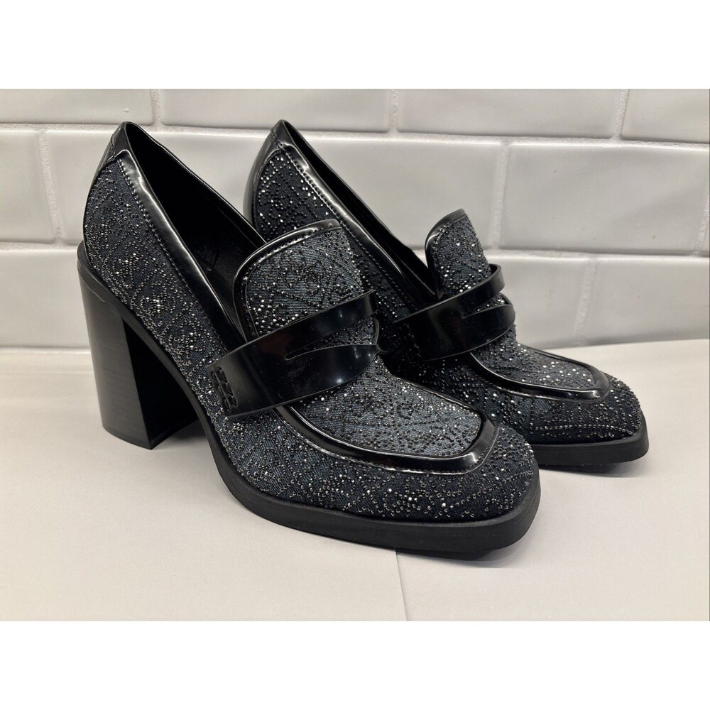 GUESS‎ Women’s Heeled Sparkly Chunky Loafer Size 9M Y2K Vibe EUC Black Glitter